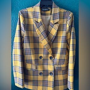 Allegra K Yellow and Blue Plaid Blazer Clueless Tartan Checkered